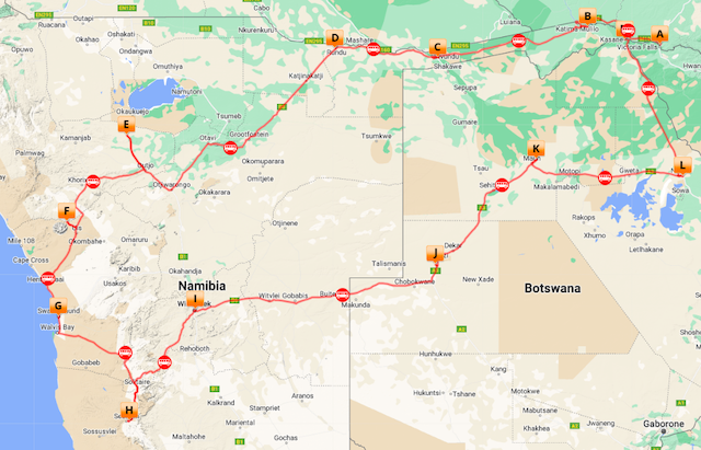 Namibia and Botswana small group tour map